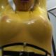 Girl Full Encased In Yellow Latex Catsuit + Fishnets Makes Self Bondage