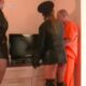 Kinky leather clad Mistresses make pathetic inmate slave lick the cream off their leather boots